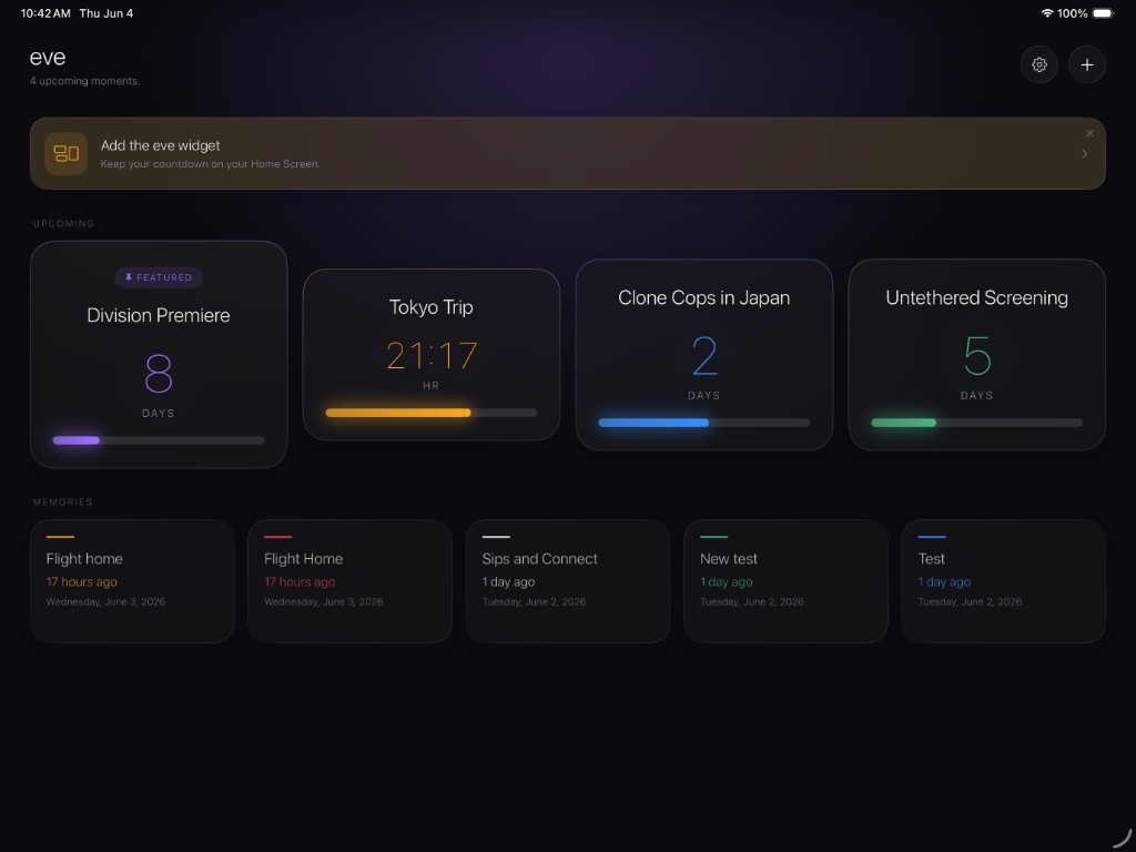 eve countdown app dashboard on iPad showing all upcoming moments: featured Division Premiere with 8 days in purple, Tokyo Trip in amber at 21 hours, Clone Cops in Japan in sky blue at 2 days, and Untethered Screening in sage at 5 days — with Memories section below