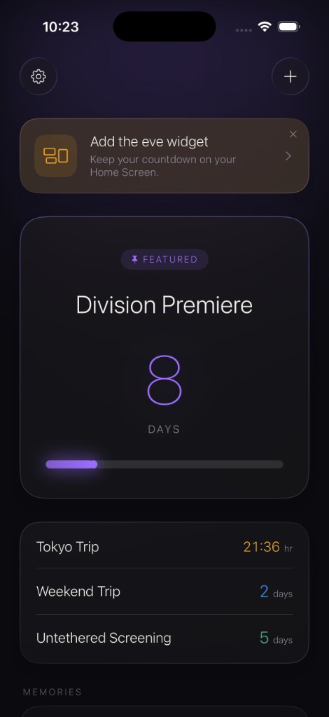 eve countdown app on iPhone showing the featured Division Premiere event with 8 days remaining, plus upcoming events: Tokyo Trip in amber at 21 hours, Clone Cops in Japan at 2 days, and Untethered Screening at 5 days